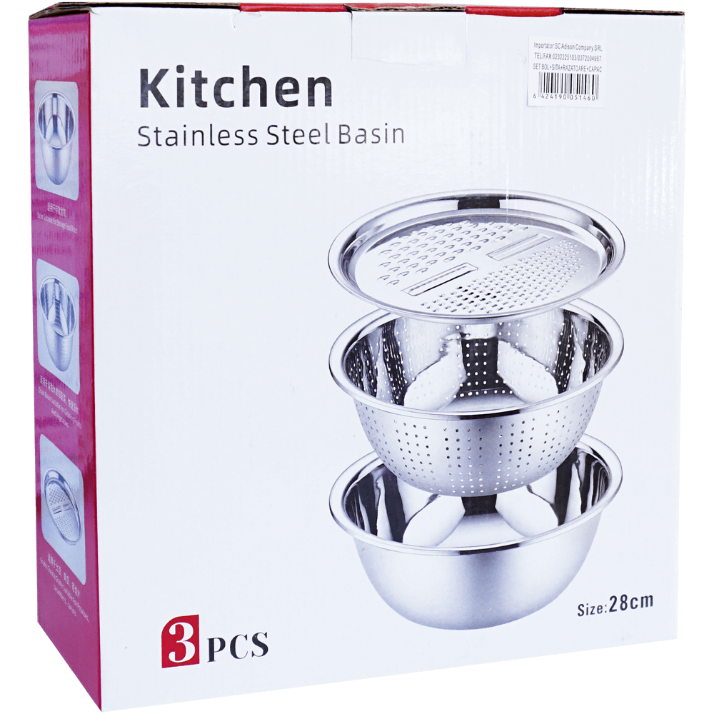 Set de bucatarie bol din inox cu sita, razatoare si capac, 26 x 8 CM